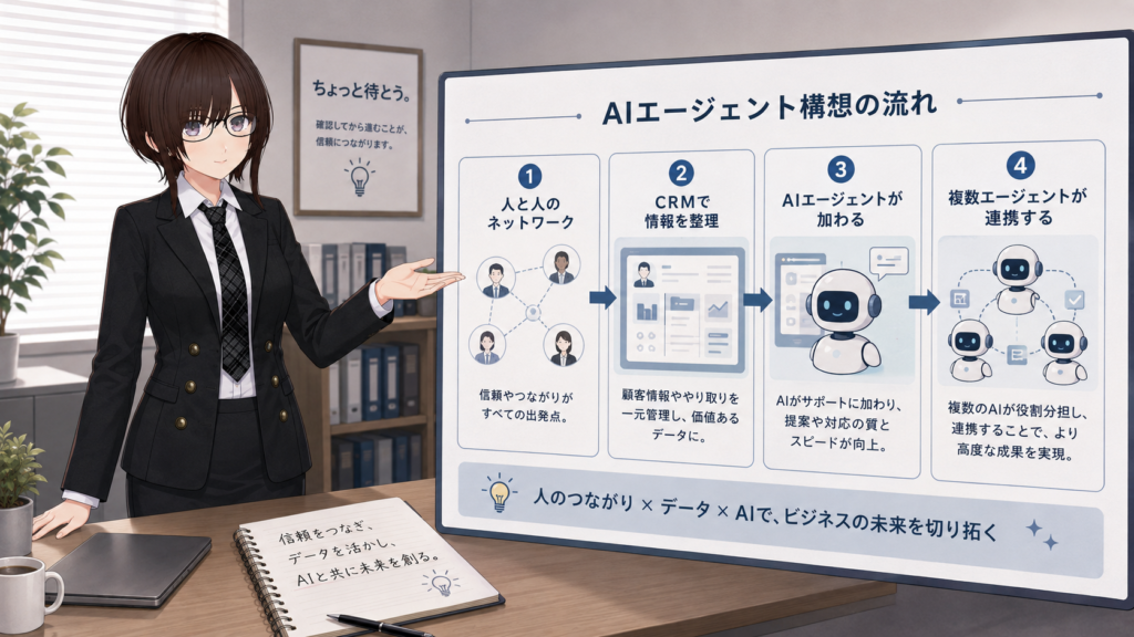 リコ社長が、人物ネットワーク、CRMによる情報整理、AIエージェントの活用、複数AIの連携という流れを説明する図解。