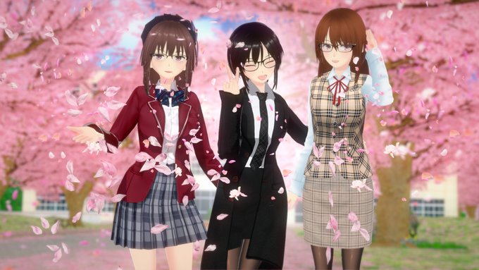 リコ社長・リム生徒会長・リス秘書の3人のキャラクターが桜の中に並ぶ3Dモデルイメージ
