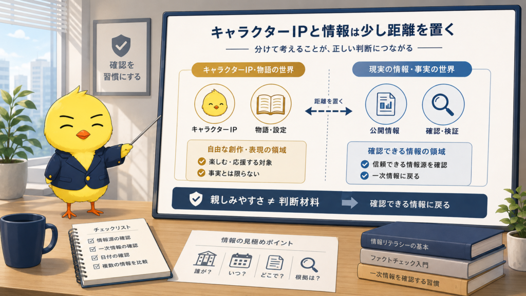 リコ社長の構造都市ブログ用の横長バナー画像。左側に、スーツ姿のひよこ型キャラクターが資料ボードを指し示している。ボードには「キャラクターIPと情報は少し距離を置く」とあり、キャラクターIPや物語の世界と、公開情報・確認・検証といった現実の情報を分けて整理する図が描かれている。右側には「リコ社長の構造都市ブログ」とブログURLが表示されている。