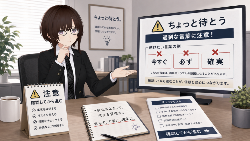リコ社長の構造都市ブログ用の横長バナー画像。左側に、黒いスーツ姿のリコ社長が資料を確認しながら「ちょっと待とう」と呼びかけているイラストが描かれている。背景には「確認する」「分けて考える」「納得して進める」と書かれたチェックリストがあり、慎重に情報を見直す雰囲気になっている。