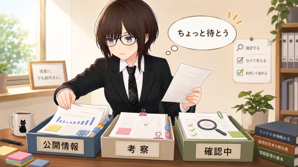 リコ社長の構造都市ブログ用の横長バナー画像。左側に、黒いスーツ姿のリコ社長が資料を読みながら考えているイラストが描かれている。吹き出しには「ちょっと待とう」とあり、近くの注意パネルには「確認してから進む」と表示されている。右側には「CAUTION, WARNING, STOP」「リコ社長の構造都市ブログ」とブログURLが配置され、情報をすぐに信じず、確認してから判断する姿勢を表している。