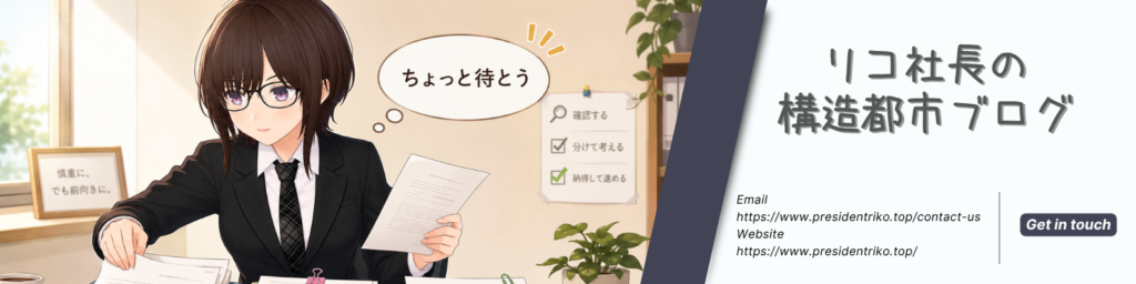 リコ社長の構造都市ブログ用の横長バナー画像。左側に、黒いスーツ姿のリコ社長が資料を読みながら考えているイラストが描かれている。吹き出しには「ちょっと待とう」とあり、近くの注意パネルには「確認してから進む」と表示されている。右側には「CAUTION, WARNING, STOP」「リコ社長の構造都市ブログ」とブログURLが配置され、情報をすぐに信じず、確認してから判断する姿勢を表している。