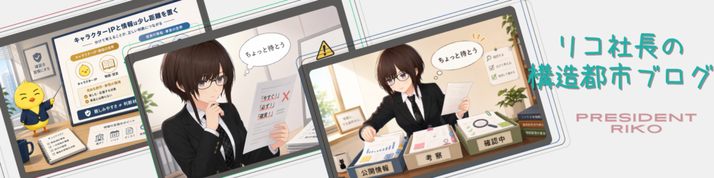 リコ社長の構造都市ブログ用の横長バナー画像。左から、キャラクターIPと金融情報の距離感を説明する資料、強い言葉に注意を促すリコ社長のイラスト、公開情報と考察を分けて整理するリコ社長のイラストが、カード状に重なって配置されている。右側には「リコ社長の構造都市ブログ」「PRESIDENT RIKO」と表示されている。