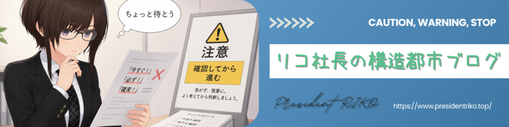 リコ社長の構造都市ブログ用の横長バナー画像。左側に、黒いスーツ姿のリコ社長が資料を確認しながら「ちょっと待とう」と呼びかけているイラストが描かれている。背景には「確認する」「分けて考える」「納得して進める」と書かれたチェックリストがあり、慎重に情報を見直す雰囲気になっている。右側には「リコ社長の構造都市ブログ」と、問い合わせ先とブログURLが表示されている。