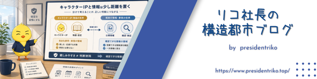 リコ社長の構造都市ブログ用の横長バナー画像。左側に、スーツ姿のひよこ型キャラクターが資料ボードを指し示している。ボードには「キャラクターIPと情報は少し距離を置く」とあり、キャラクターIPや物語の世界と、公開情報・確認・検証といった現実の情報を分けて整理する図が描かれている。右側には「リコ社長の構造都市ブログ」とブログURLが表示されている。