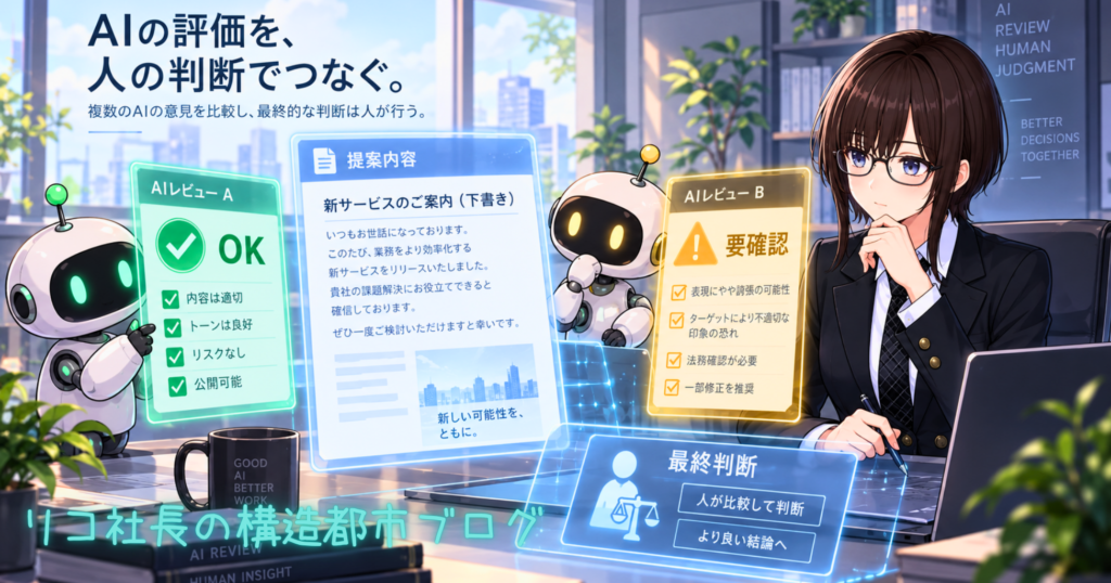 2体のAIロボットが同じ提案を「OK」と「要確認」に分けて評価し、右側のリコ社長が両方の意見を比較して最終判断するSecond Opinionのイラスト
