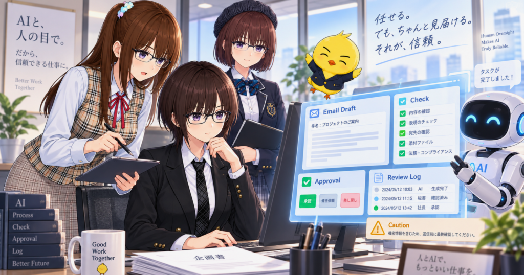 リス秘書、リコ社長、リム会長、ひでちんが、AIのメール下書きや承認、確認ログを見ながら人とAIの役割分担を確認しているオフィスのイラスト