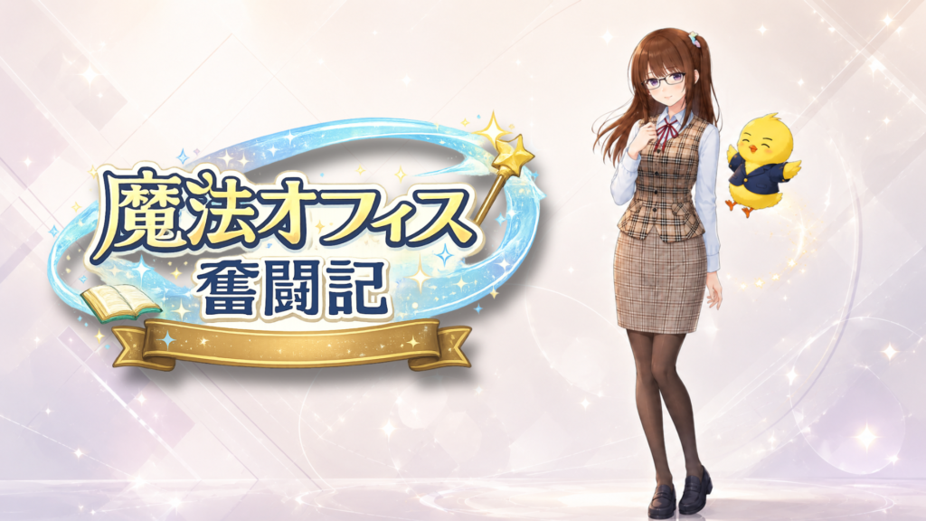 眼鏡をかけたリス秘書の女性と、青いジャケットを着た黄色いひよこ型妖精ひでちんが並ぶ『リス秘書と妖精ひでちん　魔法オフィス奮闘記』の宣伝ビジュアル。