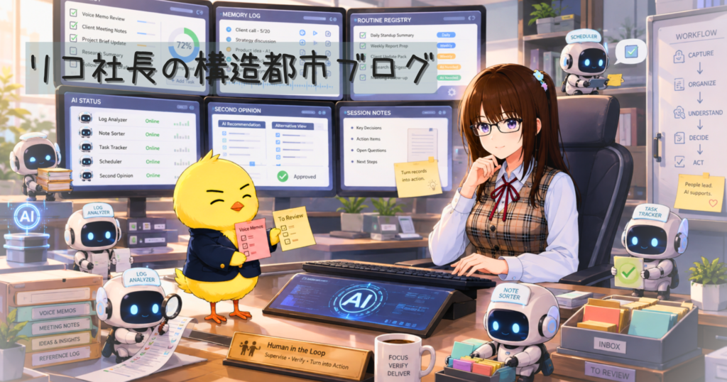 リス秘書とひでちんが、複数のAIエージェントやSecond Opinion、routine registry、ログ管理を確認しながら、自動処理を監督しているオフィスのイラスト