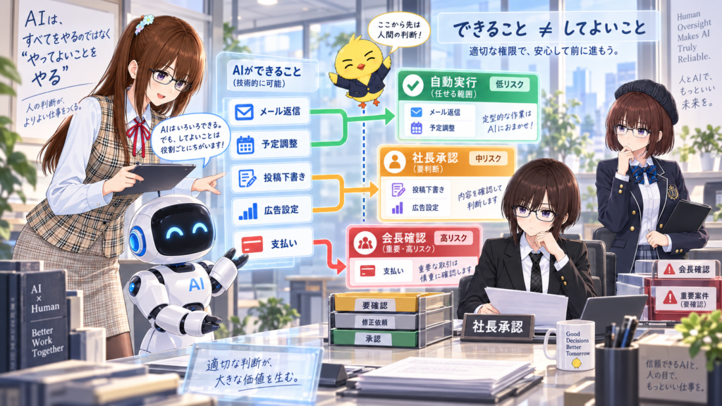 リス秘書とひでちんが、AIに任せられる仕事と人間の承認が必要な仕事を、メール返信、予定調整、投稿下書き、広告設定、支払いなどの例で分けて説明しているイラスト。
